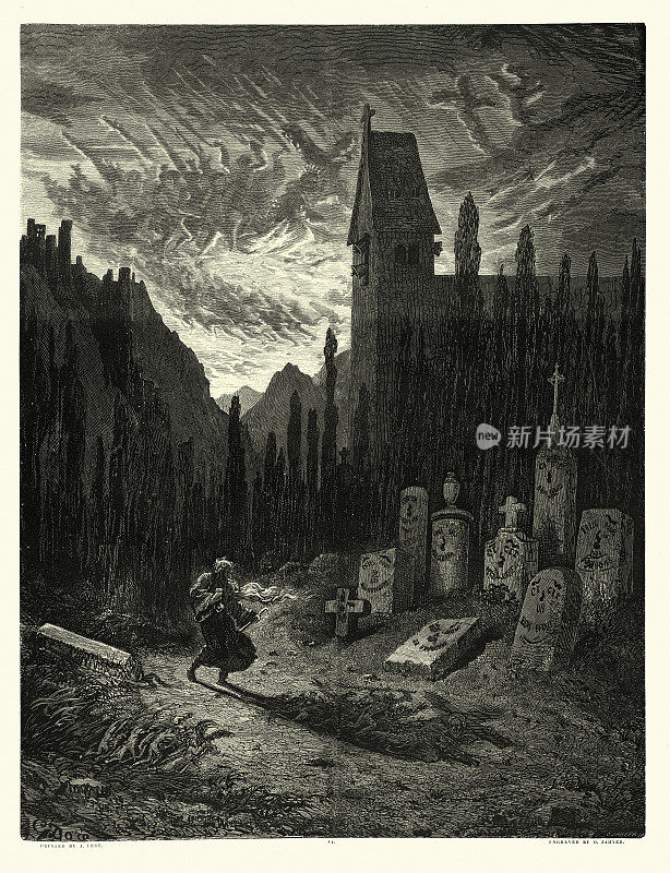 《流浪犹太人的传说》(Legend of The Wandering Jew)，由古斯塔夫・多雷(Gustave Dore)绘图。漫步在教堂的墓地，在天空中看到幻象